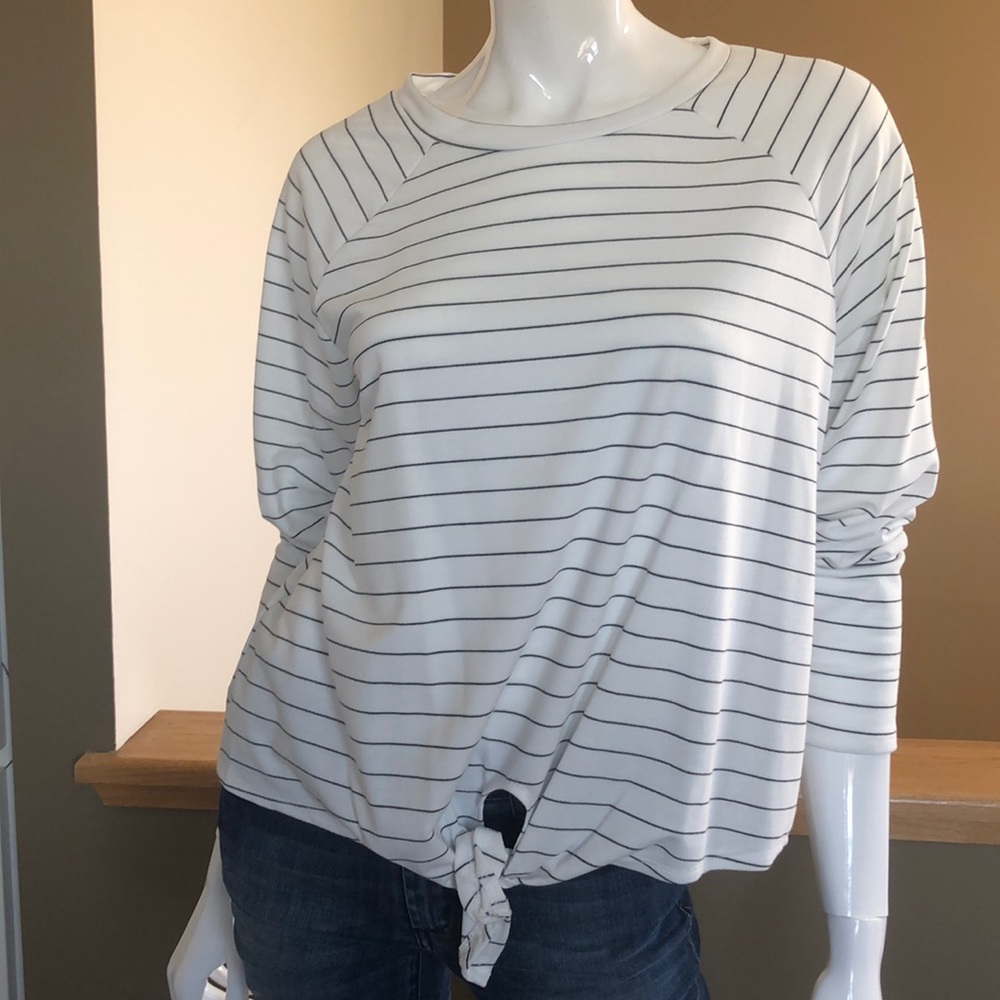 White front tie black striped knit sweater top